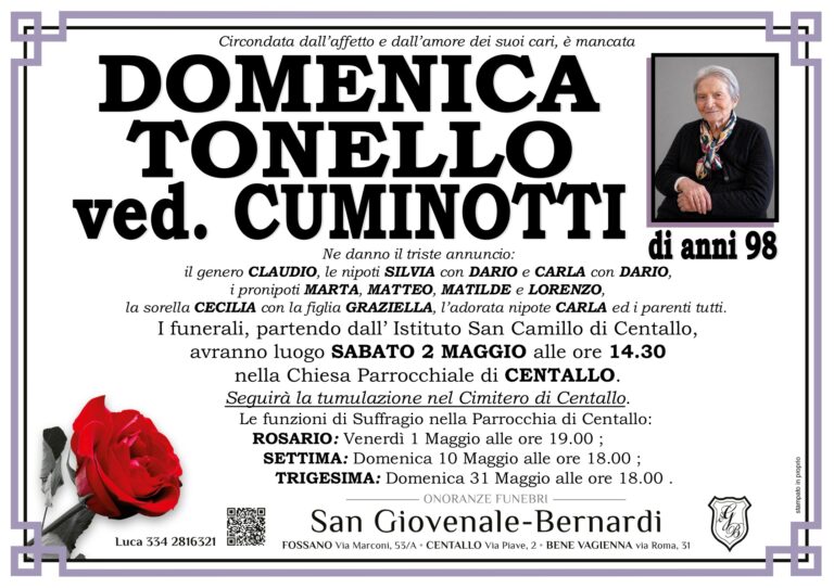 Manifesto funebre di DOMENICA TONELLO ved. Cuminotti