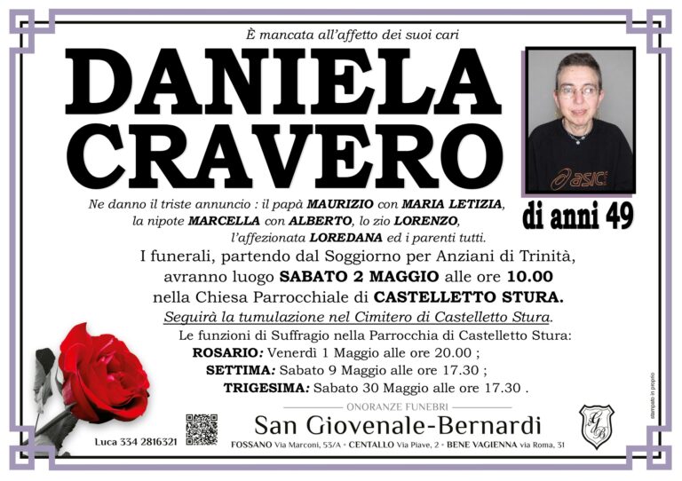 Manifesto funebre di DANIELA CRAVERO
