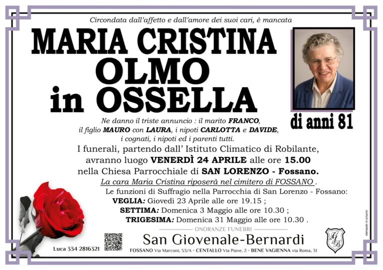 Manifesto funebre di MARIA CRISTINA OLMO in Ossella