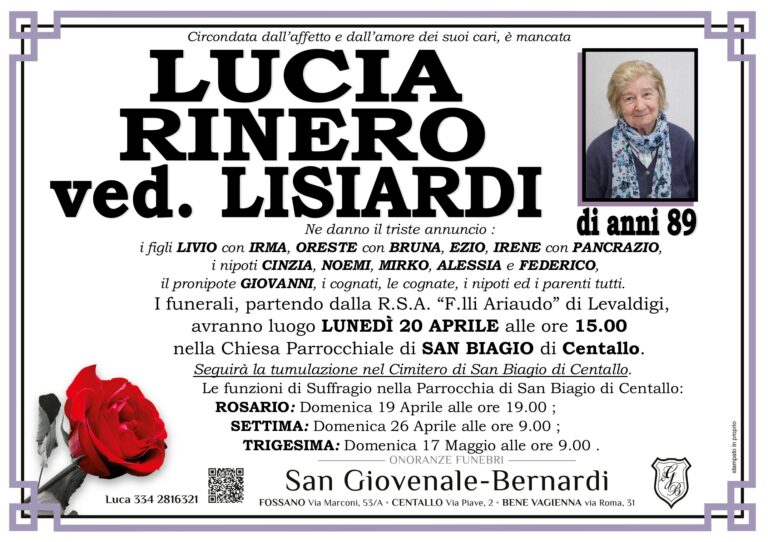Manifesto funebre di LUCIA RINERO ved. Lisiardi