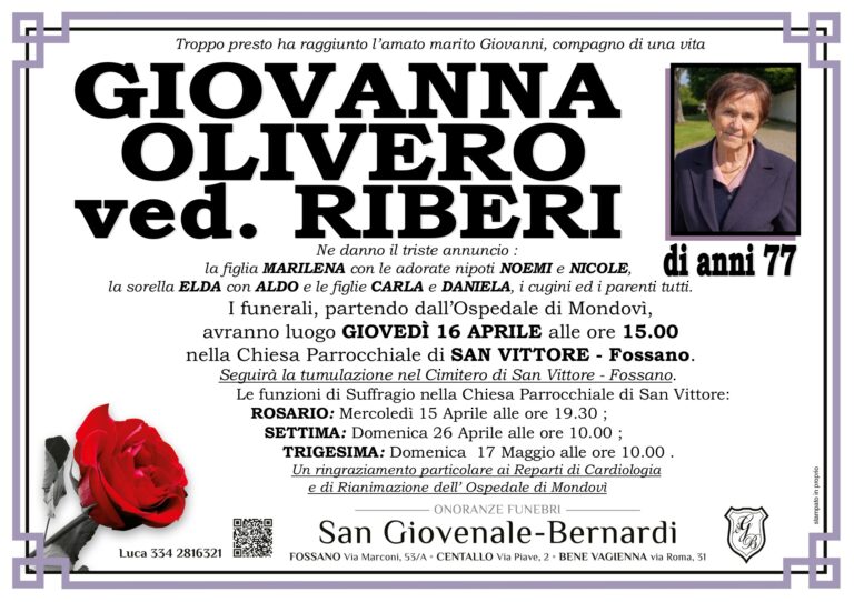 Manifesto funebre di GIOVANNA OLIVERO ved. Riberi