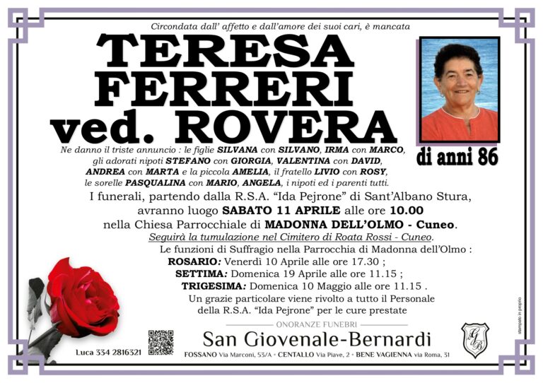 Manifesto funebre di TERESA FERRERI ved. Rovera