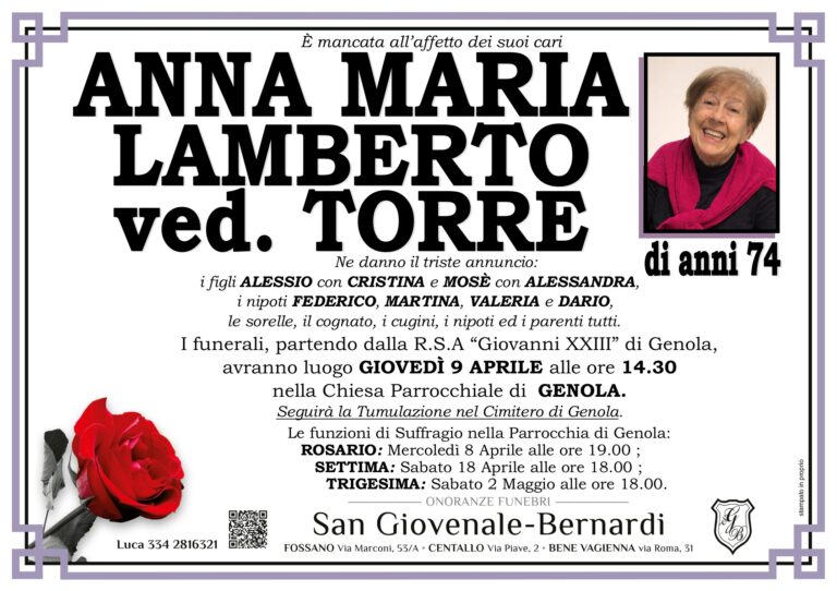 Manifesto funebre di ANNA MARIA LAMBERTI ved. Torre