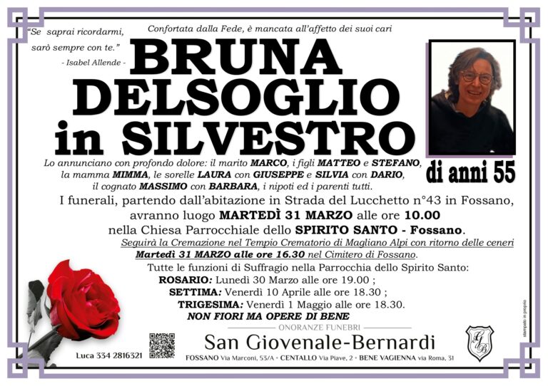 Manifesto funebre di BRUNA DELSOGLIO in Silvestro