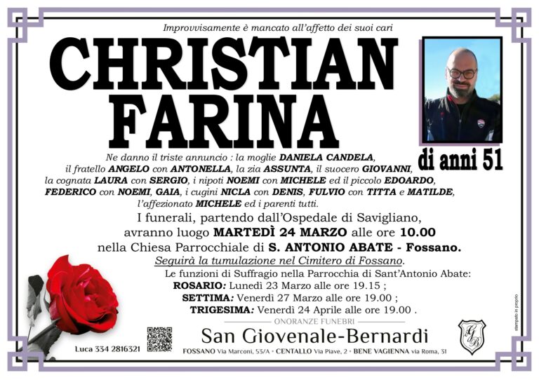 Manifesto funebre di CHRISTIAN FARINA