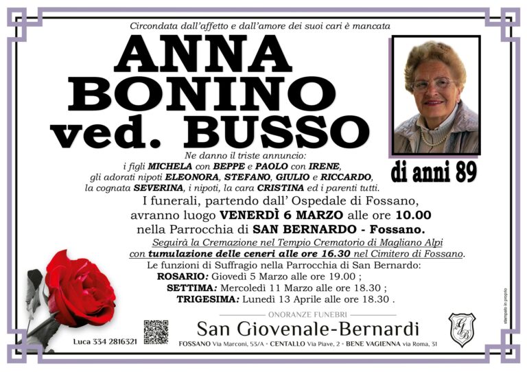 Manifesto funebre di ANNA BONINO ved. Busso