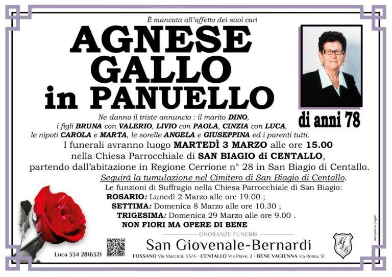 Manifesto funebre di AGNESE GALLO in Panuello