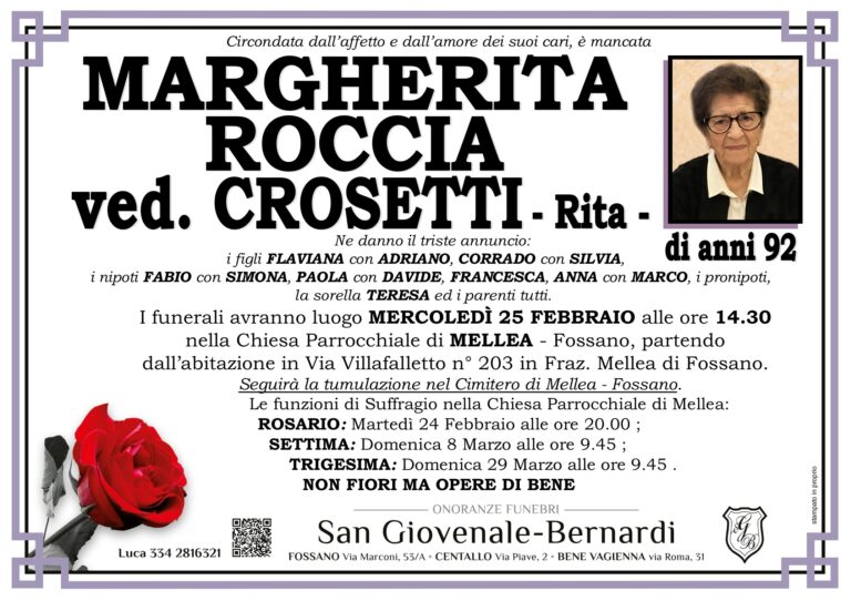Manifesto funebre di MARGHERITA ROCCIA ved. Crosetti
