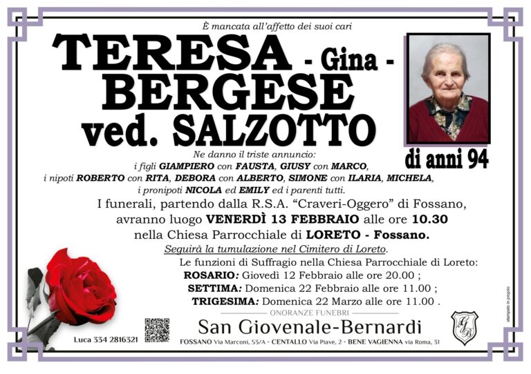 Manifesto funebre di TERESA BERGESE ved. Salzotto
