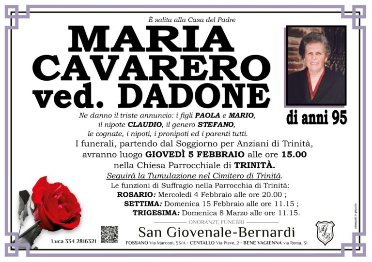 Manifesto funebre di MARIA CAVARERO ved. Dadone