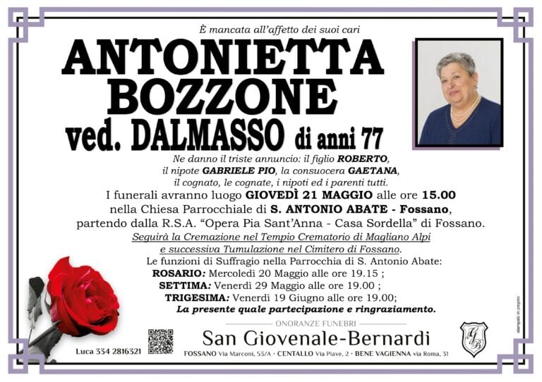 Manifesto funebre di ANTONIETTA BOZZONE ved. Dalmasso