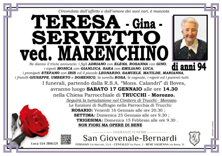 Manifesto funebre di TERESA SERVETTO ved. Marenchino