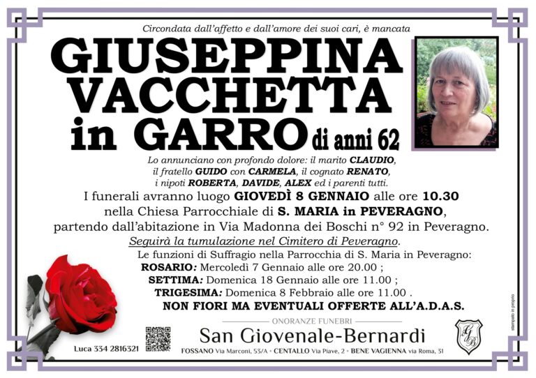 Manifesto funebre di GIUSEPPINA VACCHETTA in Garro