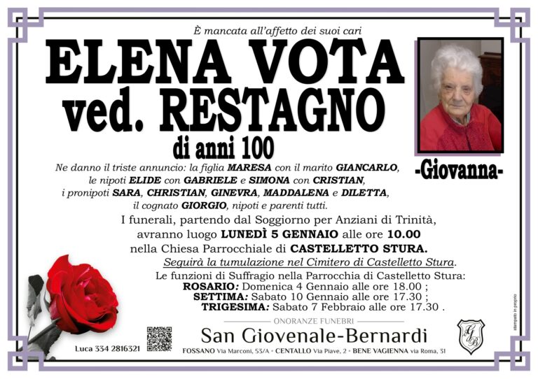 Manifesto funebre di ELENA VOTA ved. Restagno
