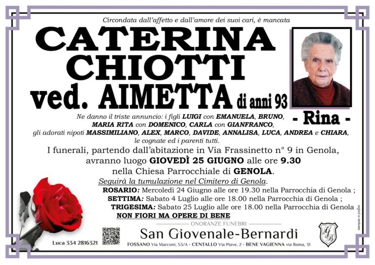 Manifesto funebre di CATERINA CHIOTTI ved. AIMETTA - Rina -