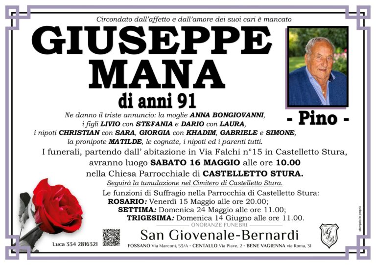 Manifesto funebre di GIUSEPPE MANA