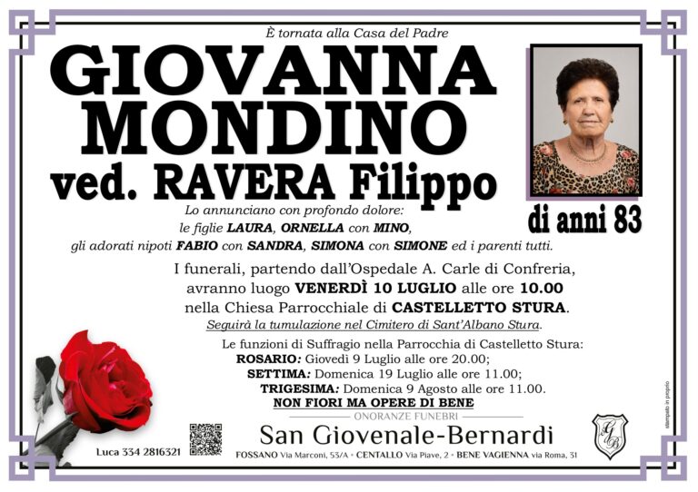 Manifesto funebre di GIOVANNA MONDINO ved. RAVERA