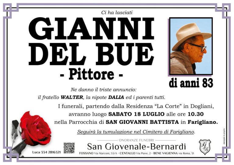 Manifesto funebre di GIANNI DEL BUE