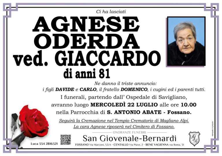 Manifesto funebre di AGNESE ODERDA ved. GIACCARDO