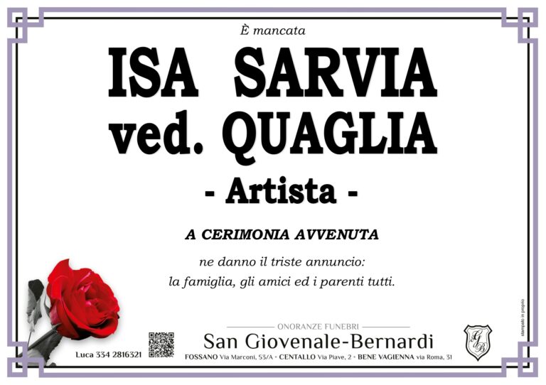 Manifesto funebre di ISA SARVIA ved. QUAGLIA