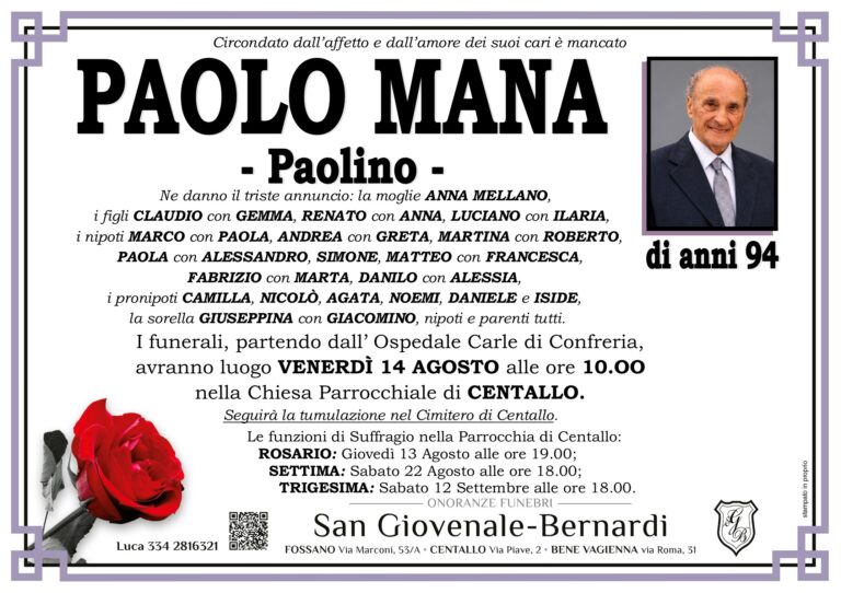 Manifesto funebre di PAOLO MANA - Paolino -