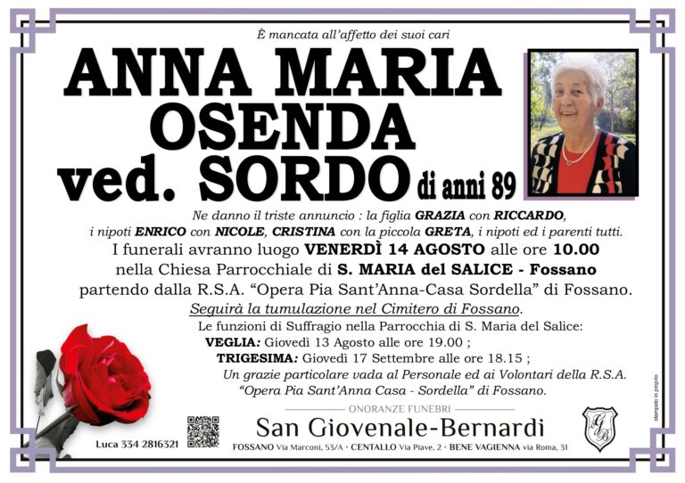 Manifesto funebre di ANNA MARIA OSENDA ved. SORDO