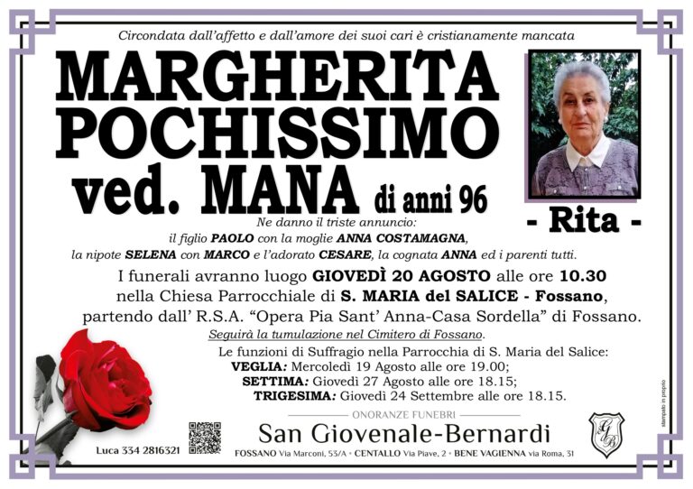 Manifesto funebre di MARGHERITA POCHISSIMO ved. Mana - Rita -