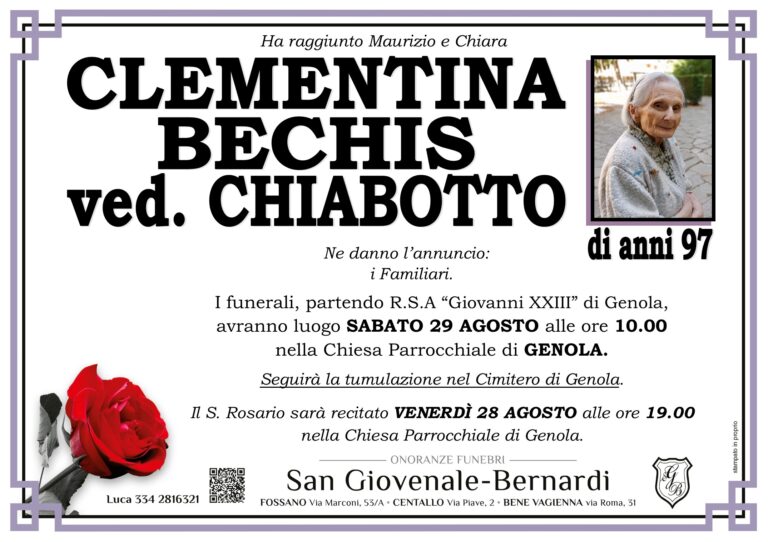 Manifesto funebre di CLEMENTINA BECHIS ved. CHIABOTTO