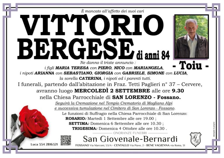 Manifesto funebre di BERGESE VITTORIO - Toiu -