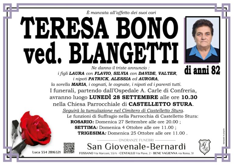 Manifesto funebre di TERESA BONO ved. BLANGETTI