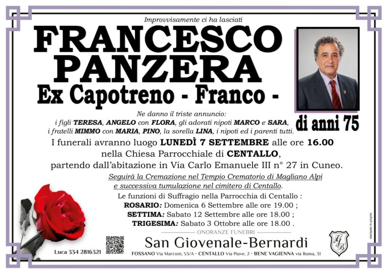 Manifesto funebre di FRANCESCO PANZERA - Franco - Ex Capotreno
