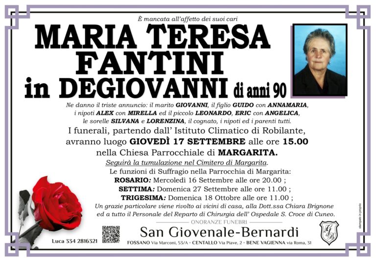 Manifesto funebre di MARIA TERESA FANTINI IN DEGIOVANNI