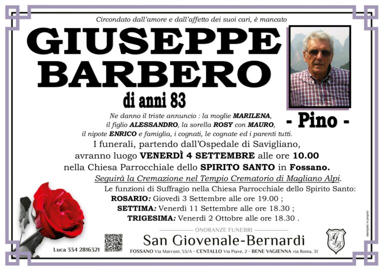 Manifesto funebre di GIUSEPPE BARBERO - Pino -