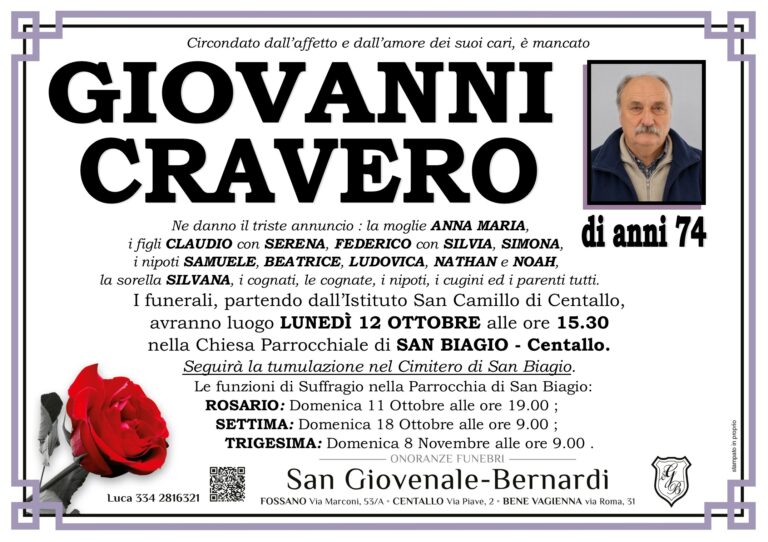 Manifesto funebre di GIOVANNI CRAVERO