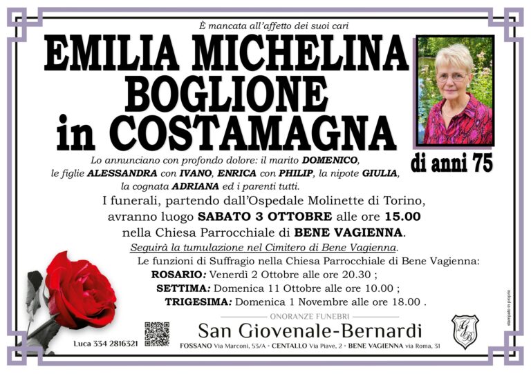 Manifesto funebre di EMILIA MICHELINA BOGLIONE in COSTAMAGNA